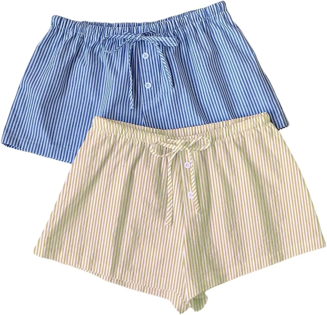MakeMeChic Women's 2 Pack Linen Shorts Summer Beach Pajama Boxer Shorts