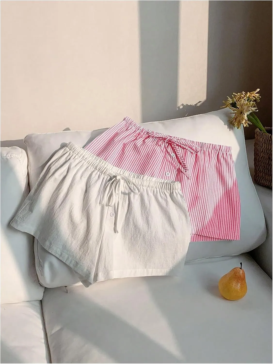 MakeMeChic Women's 2 Pack Linen Shorts Summer Beach Pajama Boxer Shorts