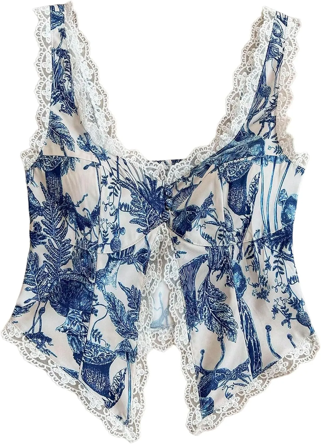 MakeMeChic Women's Floral Print Lace Trim Tank Top Sleeveless Split Hem Summer Crop Top