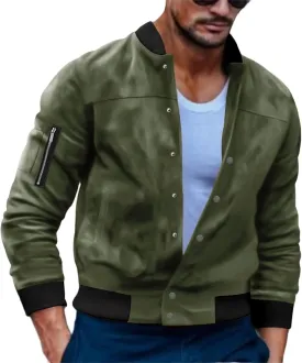 Men's Casual Suede Bomber Jacket Lightweight Snap Button Down Jackets Vintage Faux Leather Jacket for Men