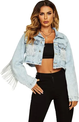 PEHMEA Women's Fringe Denim Jacket Frayed Hem Ripped Button Down Cropped Jean Jacket