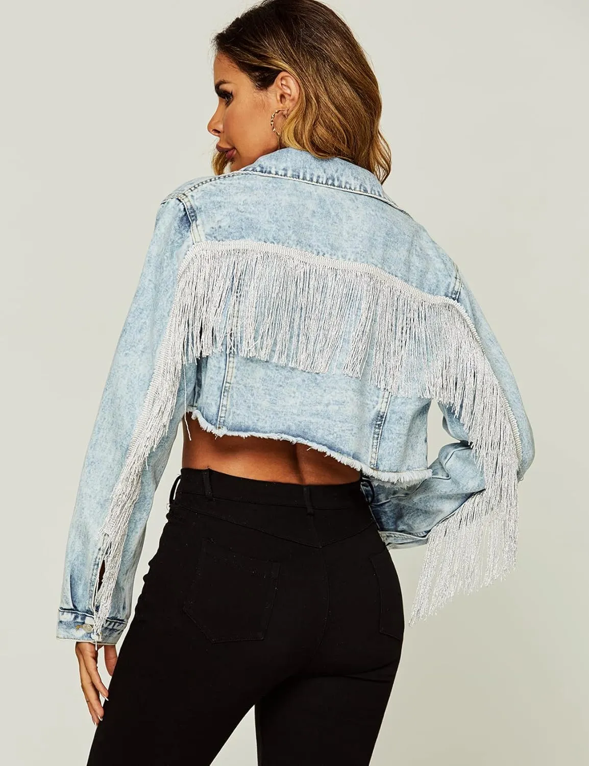 PEHMEA Women's Fringe Denim Jacket Frayed Hem Ripped Button Down Cropped Jean Jacket
