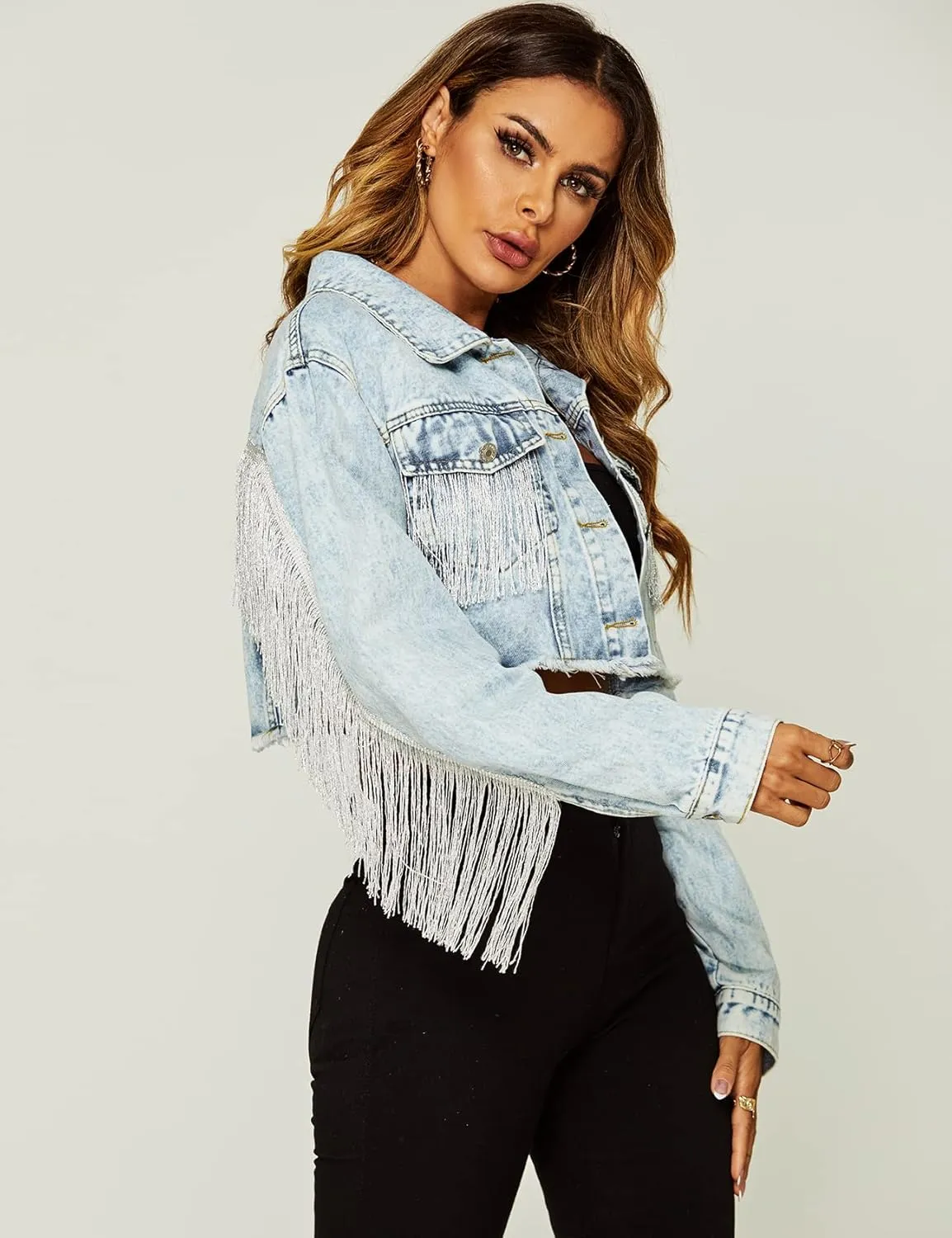 PEHMEA Women's Fringe Denim Jacket Frayed Hem Ripped Button Down Cropped Jean Jacket