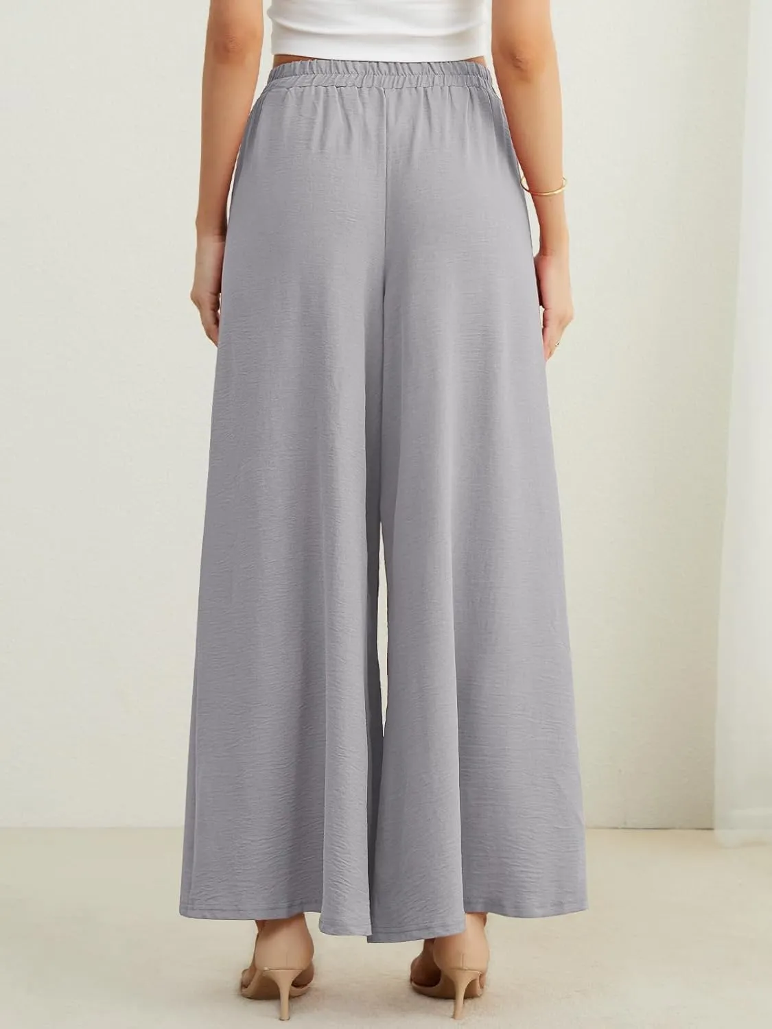 POKWAI Split Wide Leg Pants for Women Beach Vacation High Waist Lightweight Flowy Casual Summer Pants
