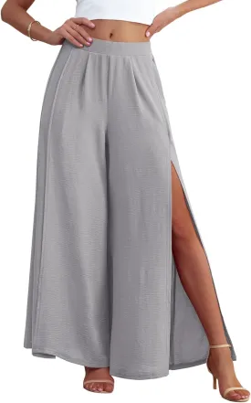 POKWAI Split Wide Leg Pants for Women Beach Vacation High Waist Lightweight Flowy Casual Summer Pants