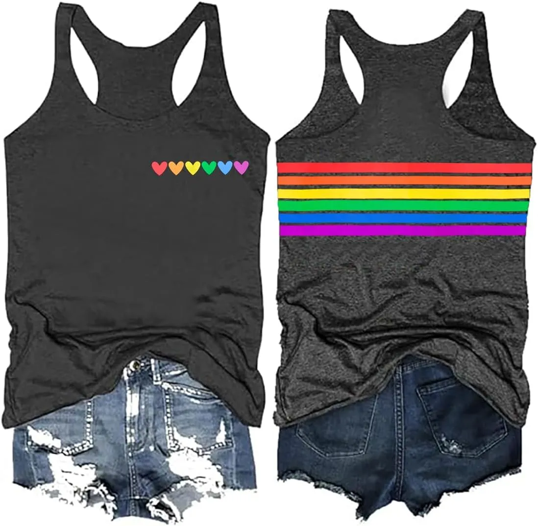 Pride LGBTQ Tank Top Women Love Heart Rainbow Flag Tshirt Lesbian Pride Top Sleeveless Graphic Vest Tee