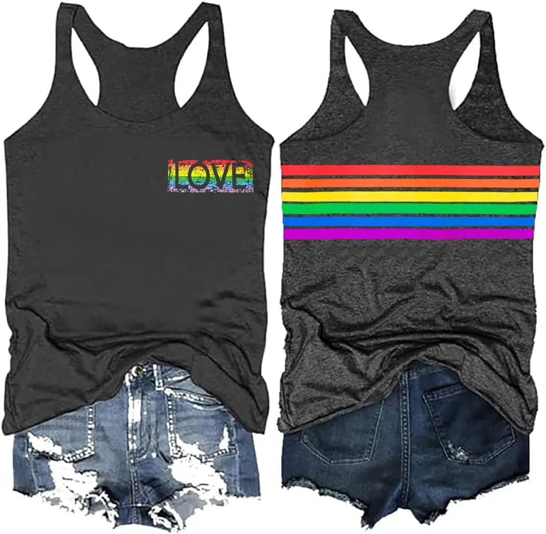 Pride LGBTQ Tank Top Women Love Heart Rainbow Flag Tshirt Lesbian Pride Top Sleeveless Graphic Vest Tee