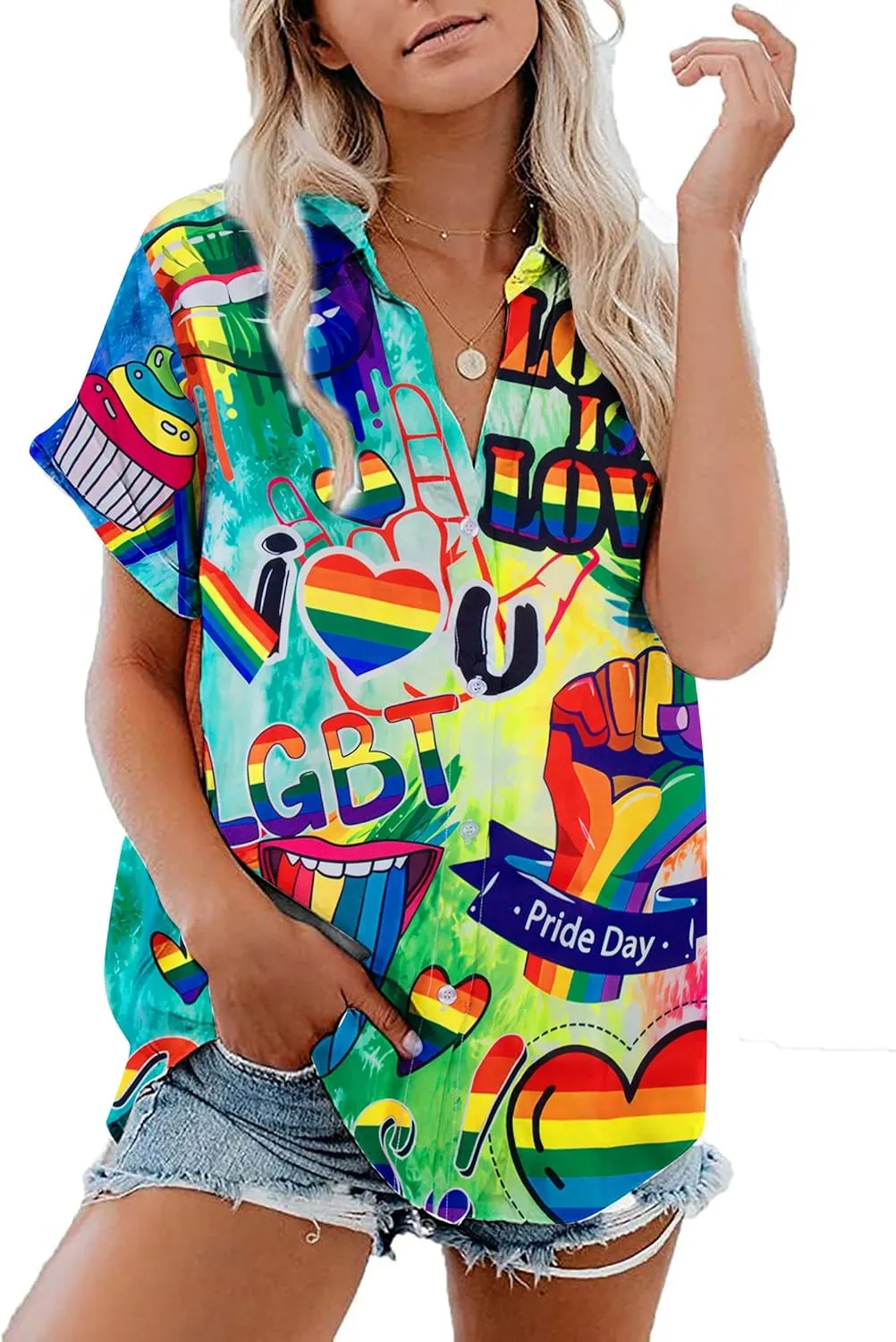 Pride Outfits for Women LGBT Shirts - Rainbow Graphic Tees Inspirational V Neck T-Shirt Short Sleeve Button up Tops