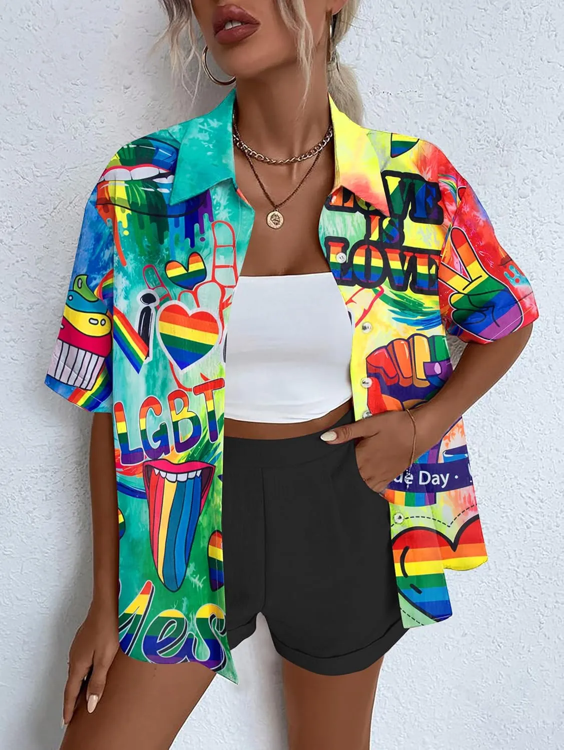 Pride Outfits for Women LGBT Shirts - Rainbow Graphic Tees Inspirational V Neck T-Shirt Short Sleeve Button up Tops