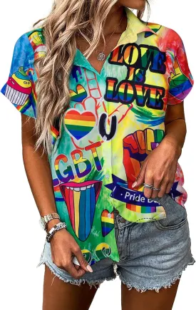 Pride Outfits for Women LGBT Shirts - Rainbow Graphic Tees Inspirational V Neck T-Shirt Short Sleeve Button up Tops