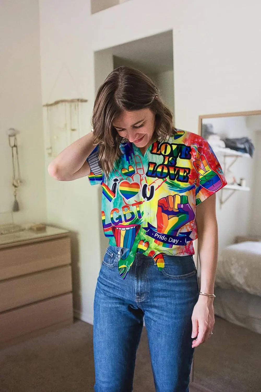 Pride Outfits for Women LGBT Shirts - Rainbow Graphic Tees Inspirational V Neck T-Shirt Short Sleeve Button up Tops