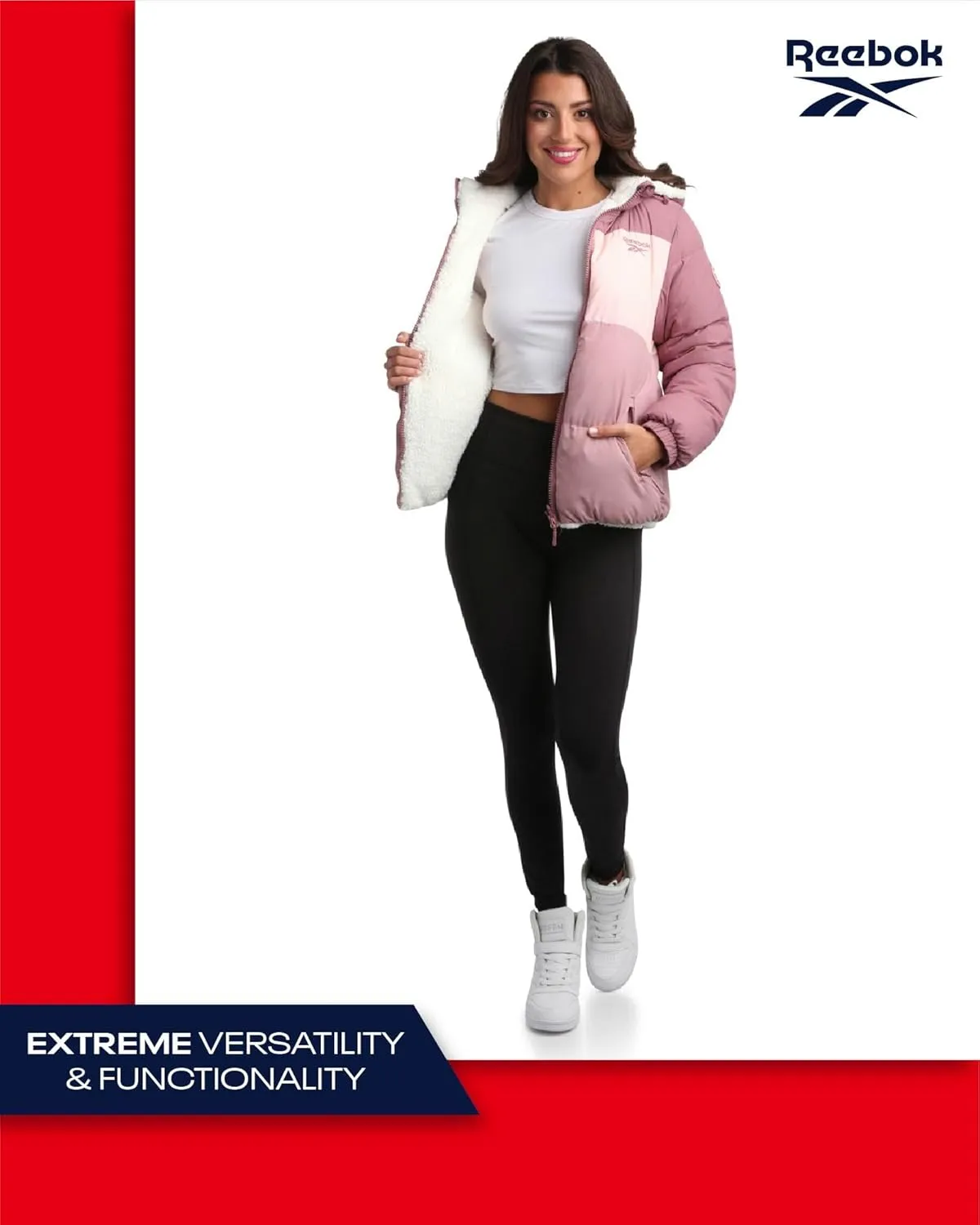 Reebok Women's Winter Jacket - Reversible Quilted Puffer Coat with Sherpa Fleece Lining - Reversible Jacket for Women (S-XL)