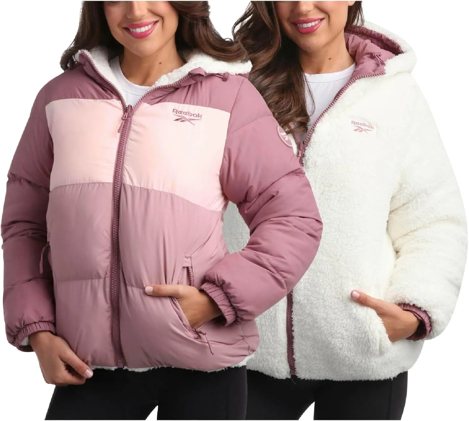 Reebok Women's Winter Jacket - Reversible Quilted Puffer Coat with Sherpa Fleece Lining - Reversible Jacket for Women (S-XL)