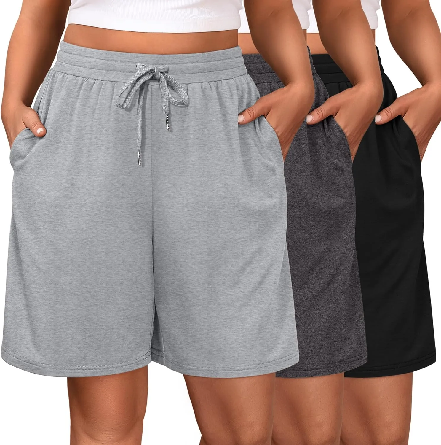 Riyiper 3 Pack Women's Plus Size Shorts Drawstring Bermuda Shorts Casual Wide Leg Knee Length Shorts with Pockets