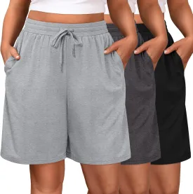Riyiper 3 Pack Women's Plus Size Shorts Drawstring Bermuda Shorts Casual Wide Leg Knee Length Shorts with Pockets