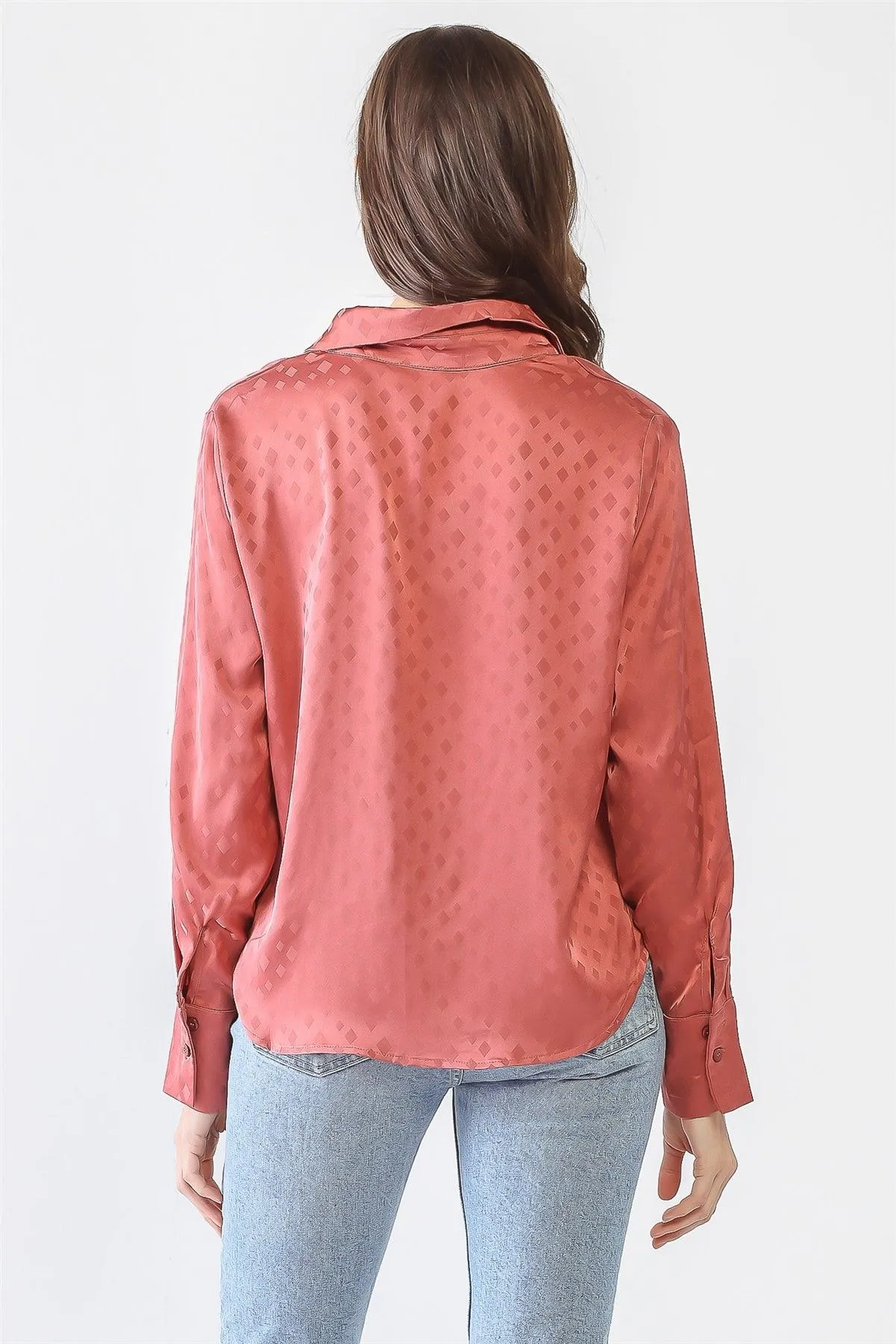 Satin Diamond Print Long Sleeve Button-Up Shirt /3-2-1