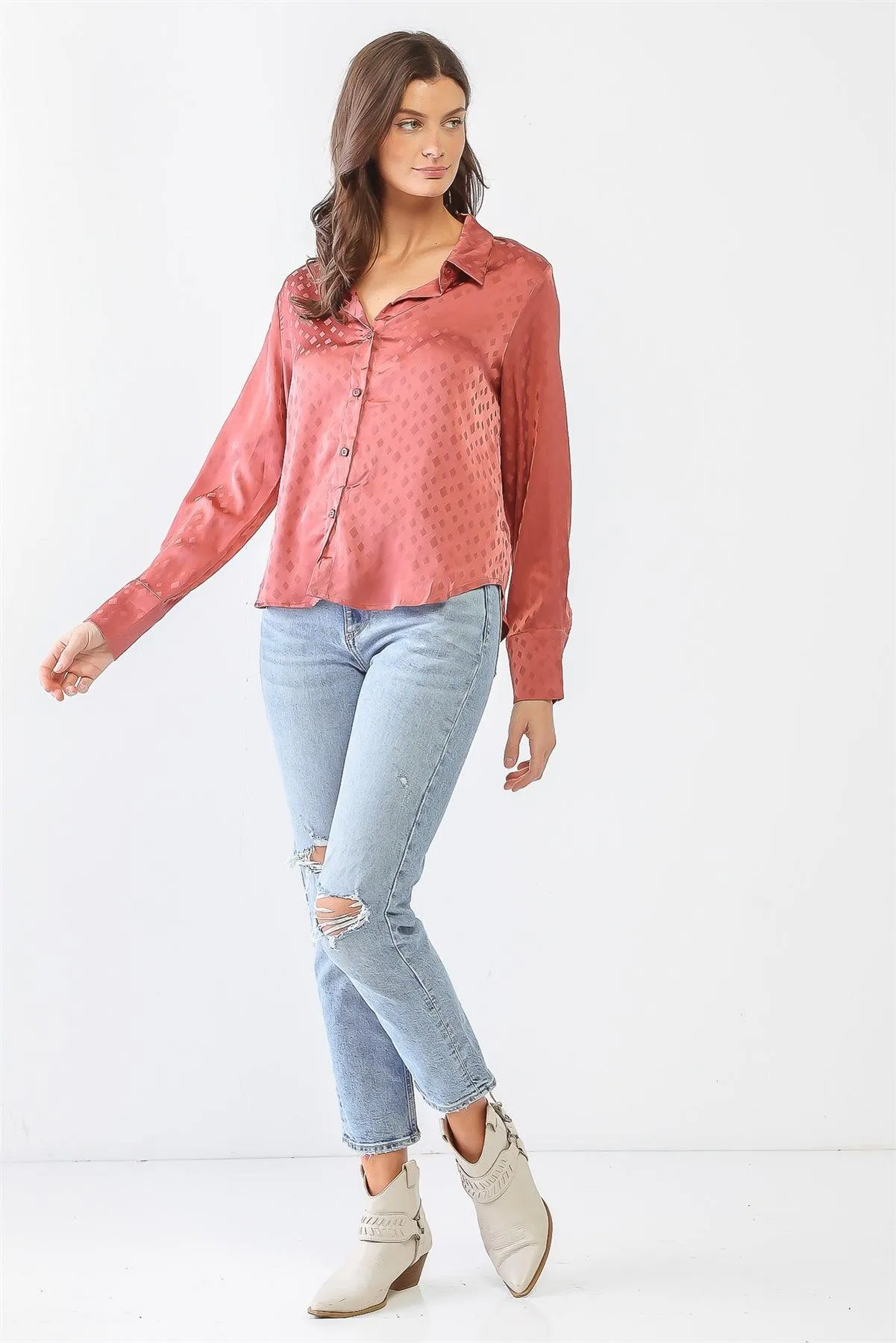 Satin Diamond Print Long Sleeve Button-Up Shirt /3-2-1