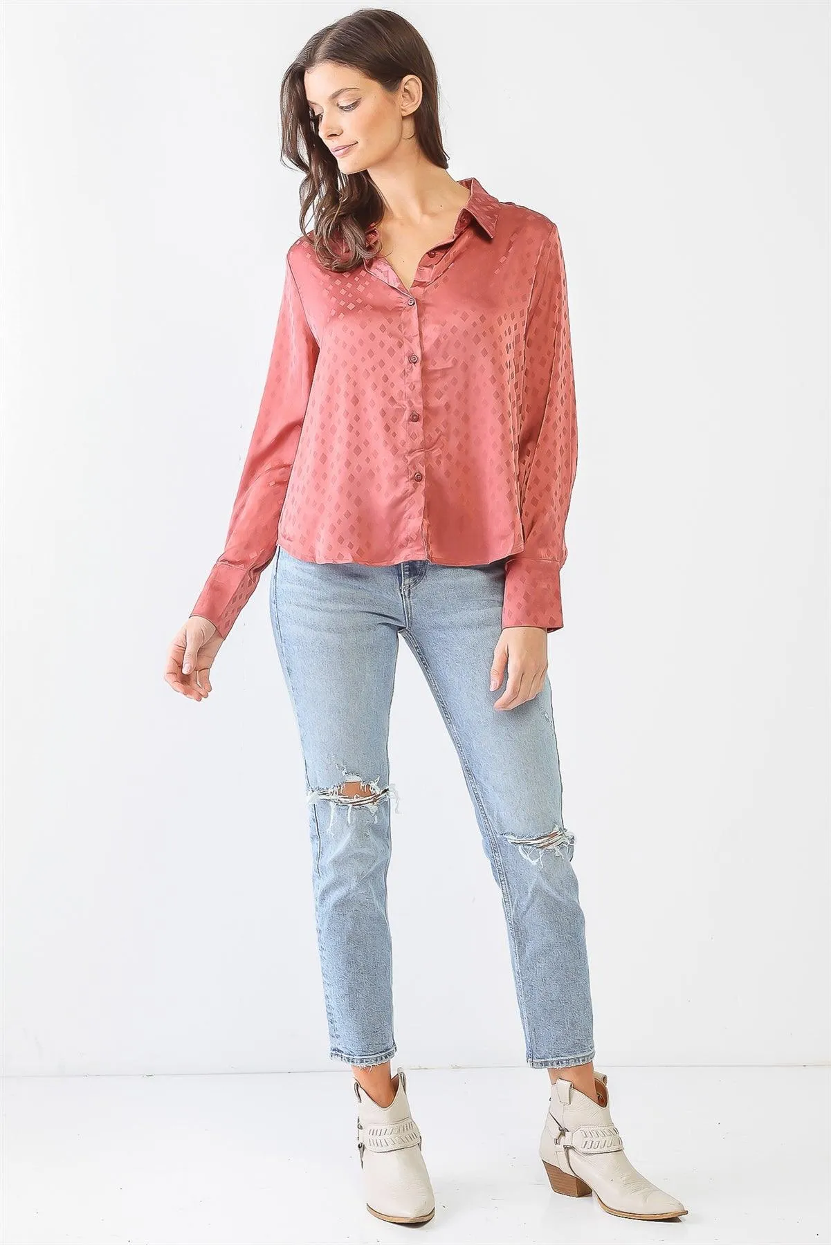 Satin Diamond Print Long Sleeve Button-Up Shirt /3-2-1
