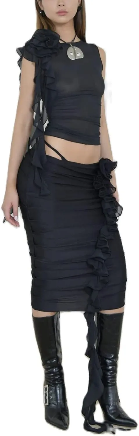 Sexy Tank Top for Women 3D Floral Tassels Ruffle Crop Top Y2K Slim Fitted Sleeveless Shirt Tee