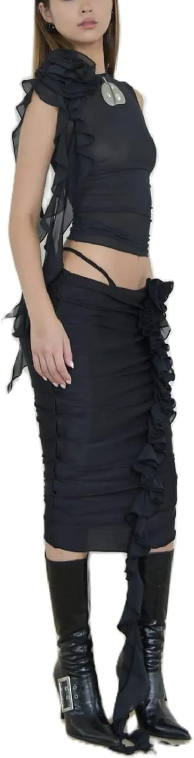 Sexy Tank Top for Women 3D Floral Tassels Ruffle Crop Top Y2K Slim Fitted Sleeveless Shirt Tee