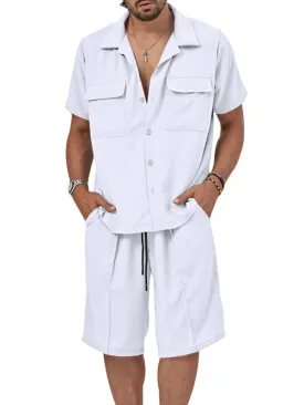 Smart Casual Men’s 2-Piece Set with Button-Up Shirt & Pocketed Shorts