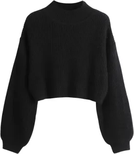 SweatyRocks Women's Long Sleeve Mock Neck Cropped Sweater Drop Shoulder Pullover Sweater Lantern Sleeve Ribbed Knit Crop Top