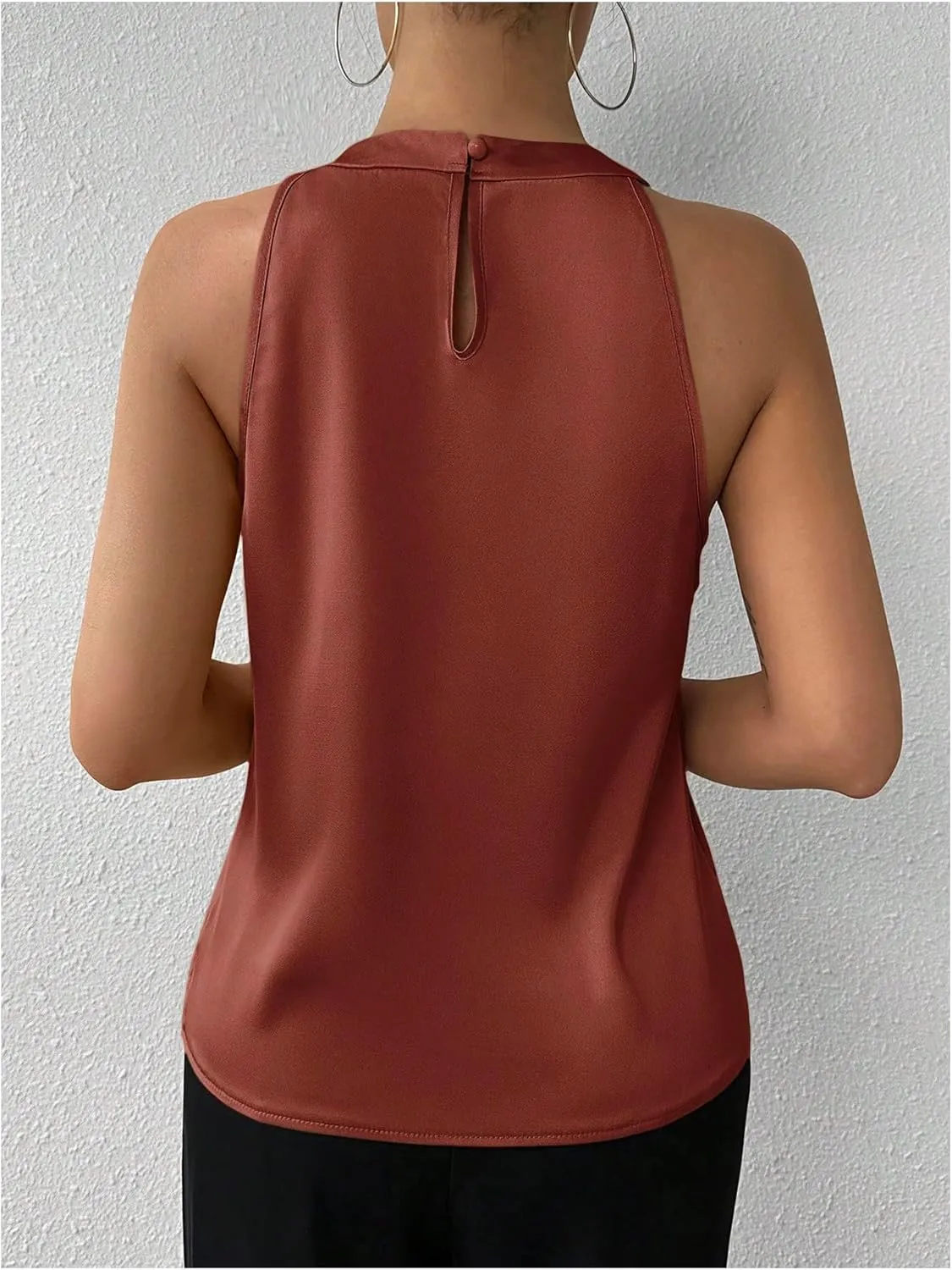 SweatyRocks Women's Pleated Halter Sleeveless Satin Blouse Keyhole Back Tank Top