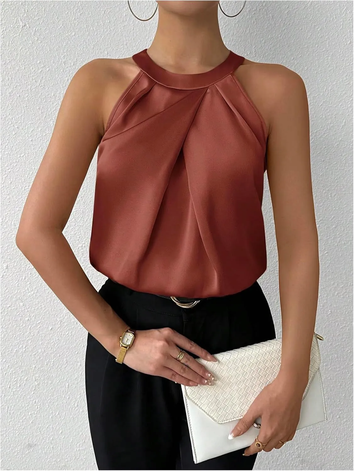 SweatyRocks Women's Pleated Halter Sleeveless Satin Blouse Keyhole Back Tank Top