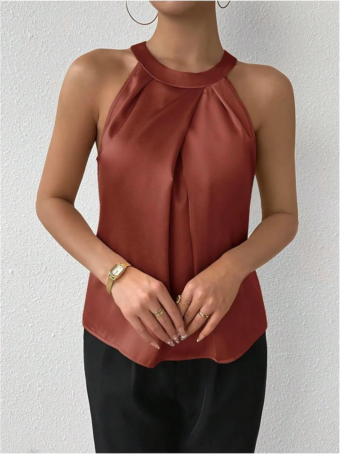 SweatyRocks Women's Pleated Halter Sleeveless Satin Blouse Keyhole Back Tank Top