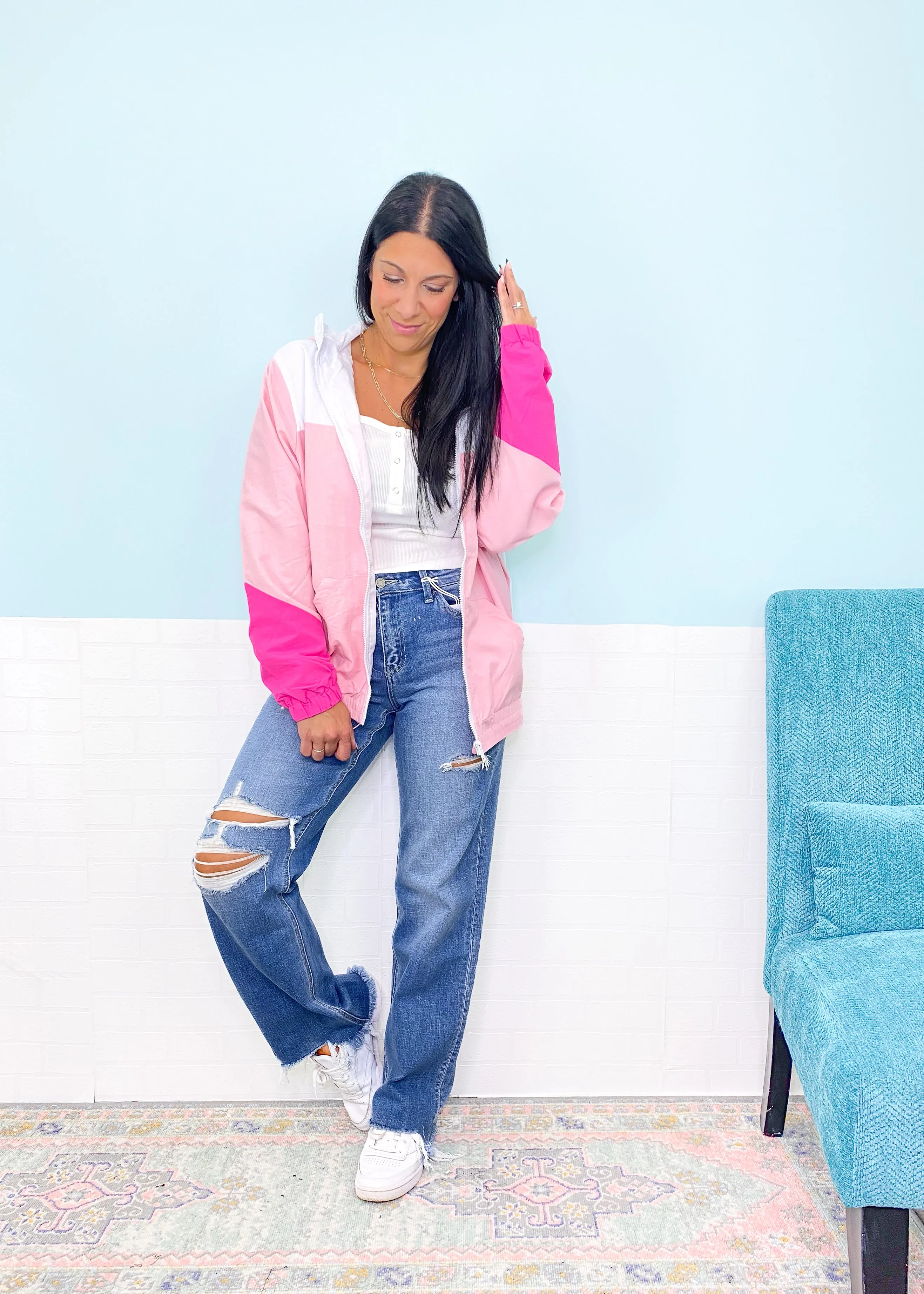 'The Jetty' Pink & White Colorblock Nylon Windbreaker