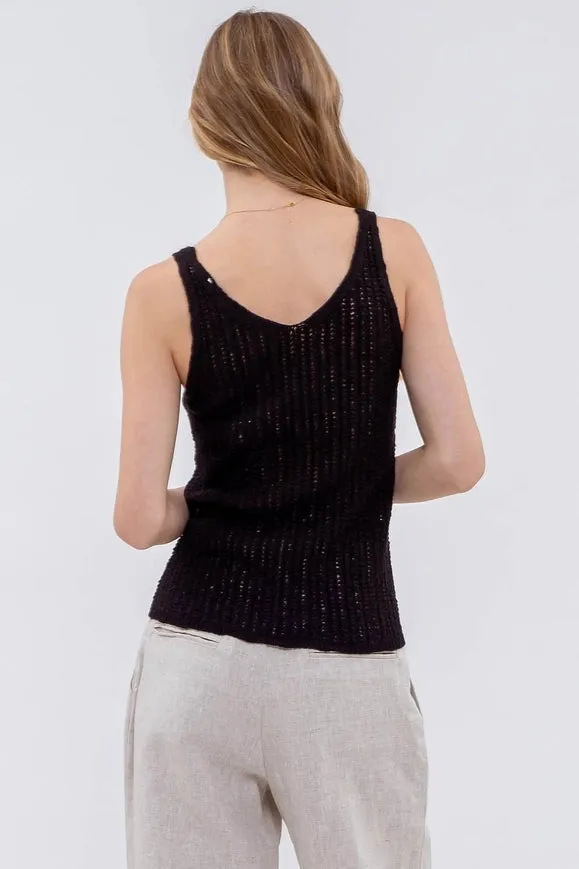 V Neck Crochet Knit Tank Top BLACK