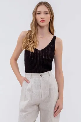 V Neck Crochet Knit Tank Top BLACK