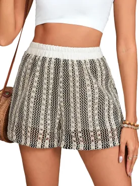 Verdusa Women's Boxer Shorts Boho Elastic Waist Shorts Linen Textured Summer Shorts