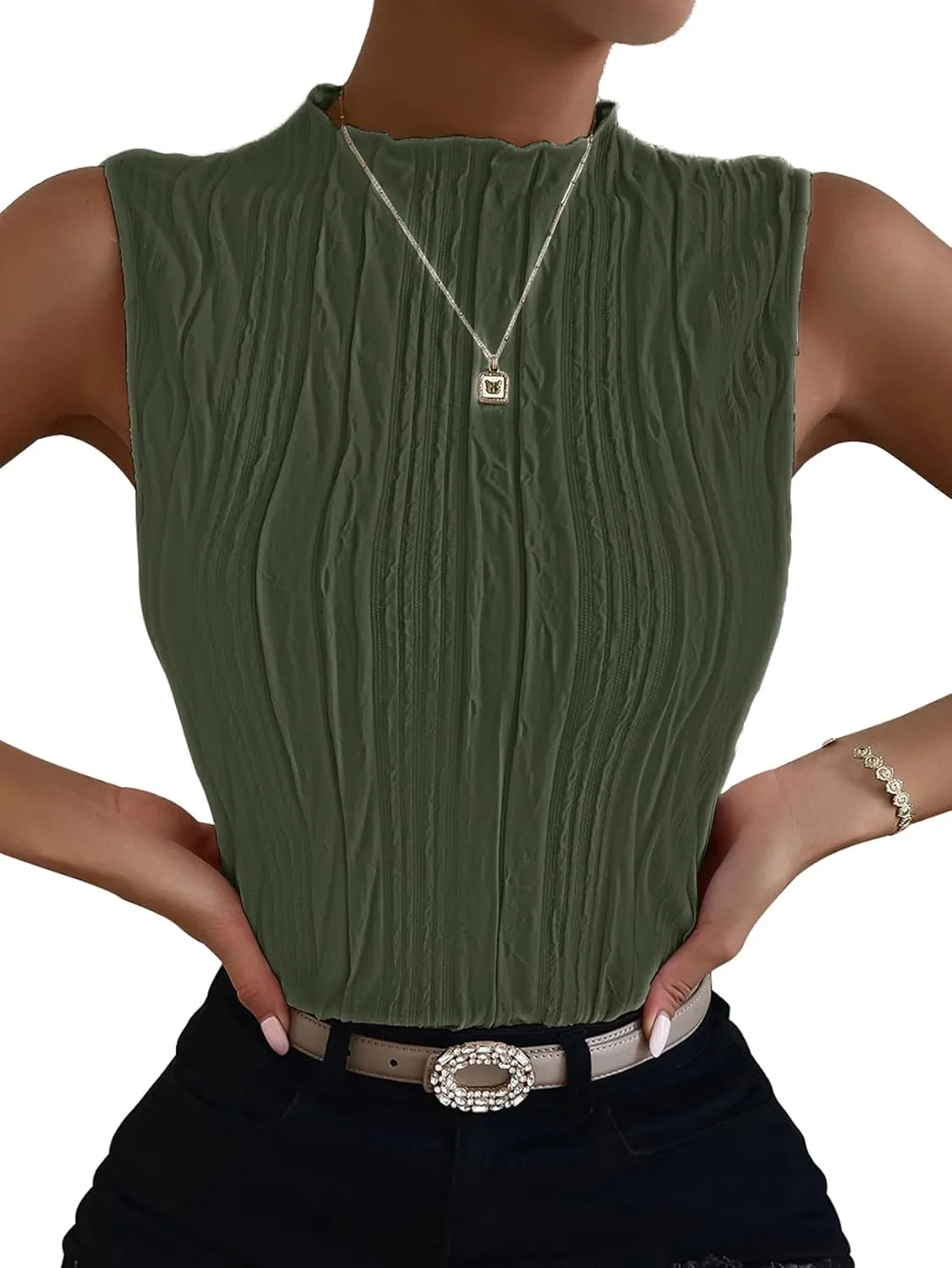 Verdusa Women's Sleeveless Mock Neck Textured Tank Top