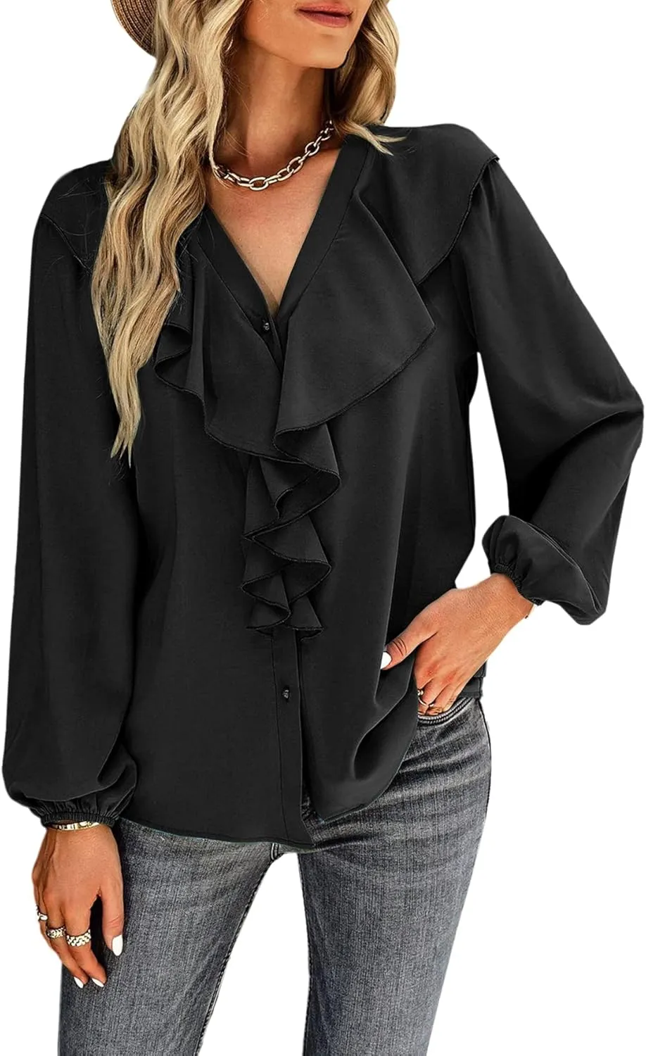 Vrtige Women's V Neck Ruffle Front Button Down Long Sleeve Blouse Top Shirt