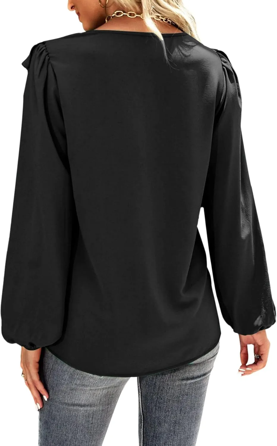 Vrtige Women's V Neck Ruffle Front Button Down Long Sleeve Blouse Top Shirt