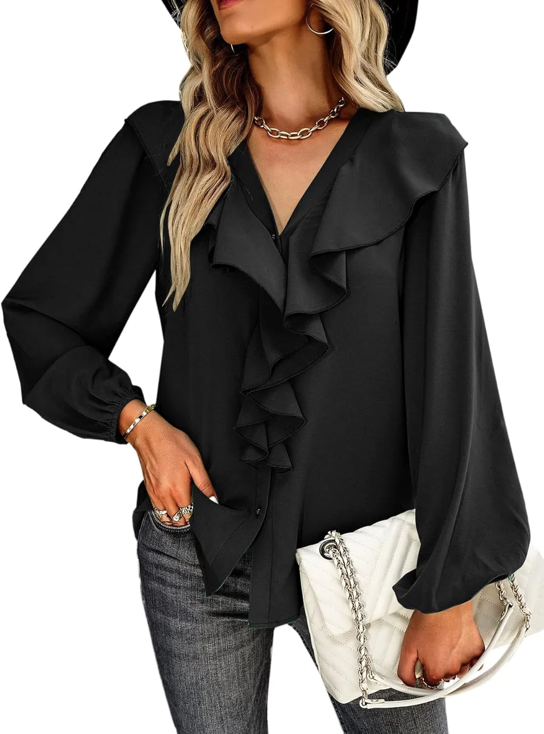 Vrtige Women's V Neck Ruffle Front Button Down Long Sleeve Blouse Top Shirt