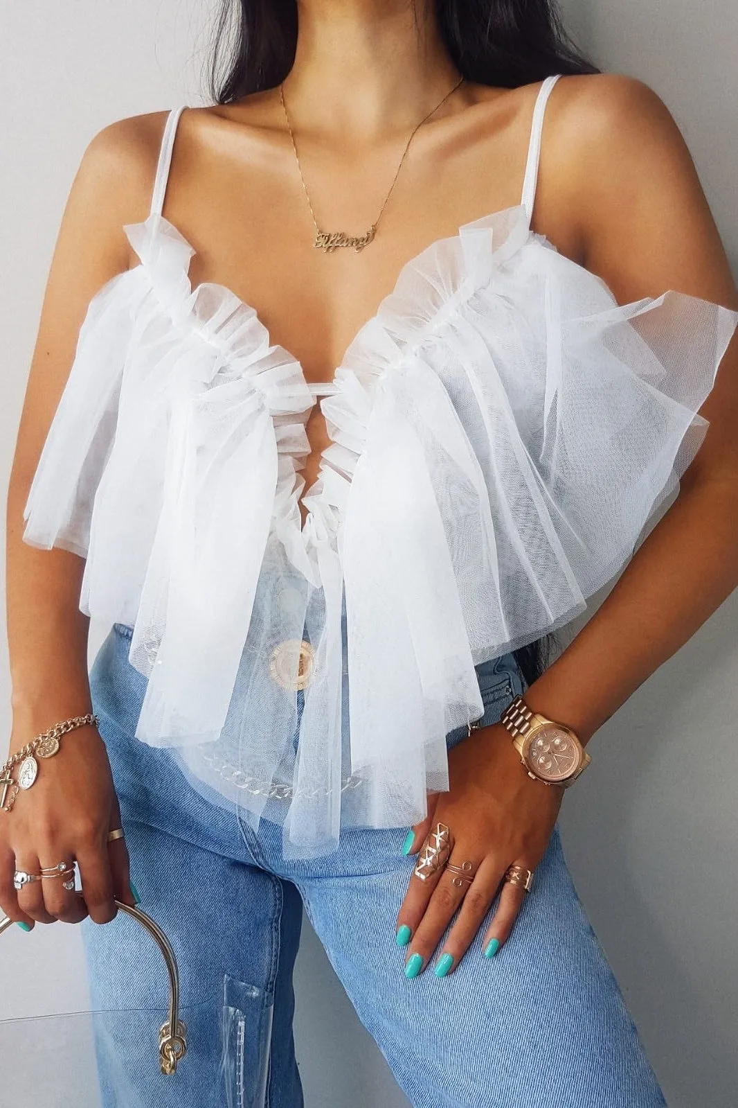 White Ruffle Mesh Bodysuit