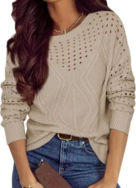 Womens 2025 Spring Sweaters Oversized Crewneck Cable Knit Pullover Crochet Hollow Out Chunky Jumper Casual Tunic Tops