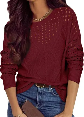 Womens 2025 Spring Sweaters Oversized Crewneck Cable Knit Pullover Crochet Hollow Out Chunky Jumper Casual Tunic Tops