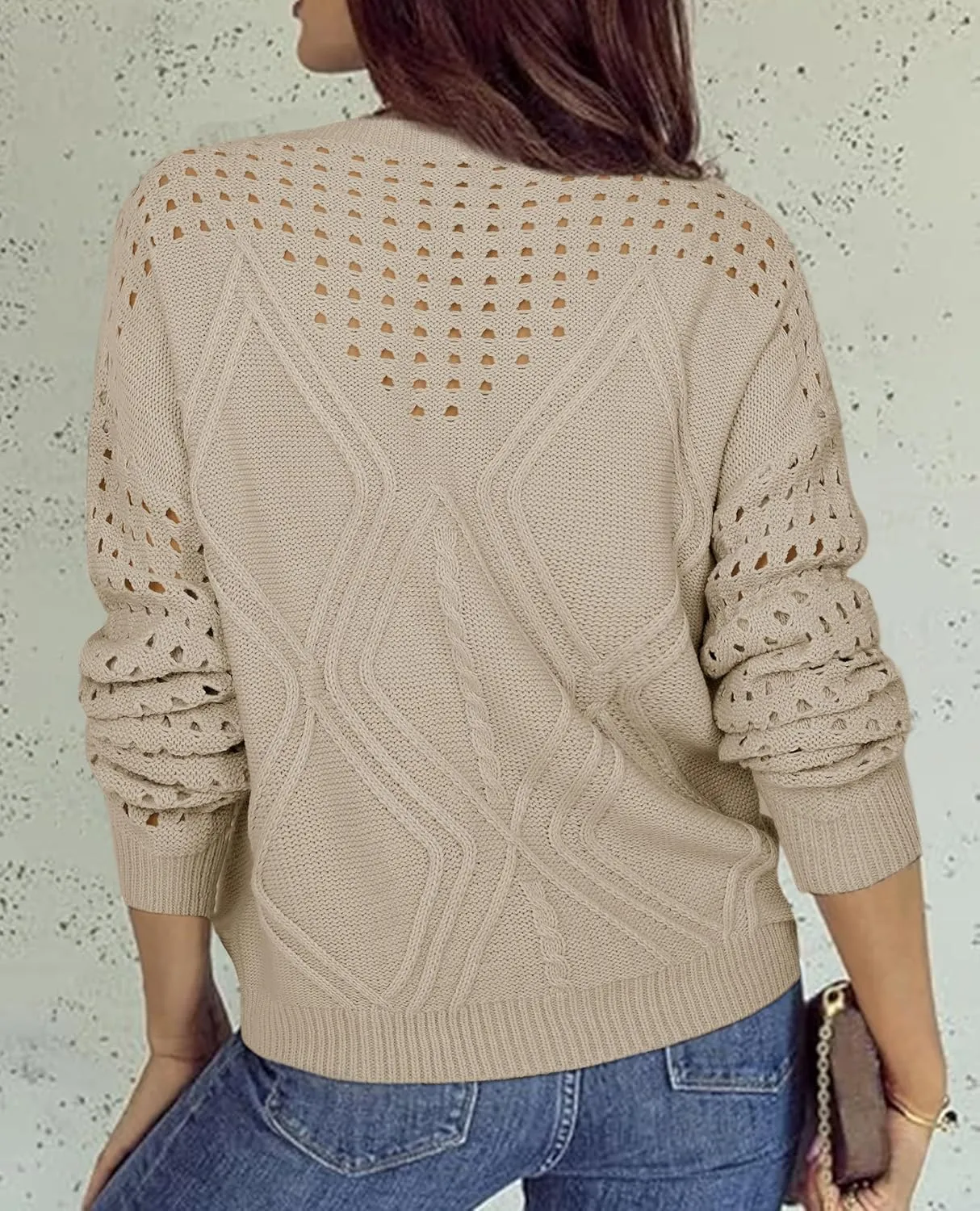 Womens 2025 Spring Sweaters Oversized Crewneck Cable Knit Pullover Crochet Hollow Out Chunky Jumper Casual Tunic Tops