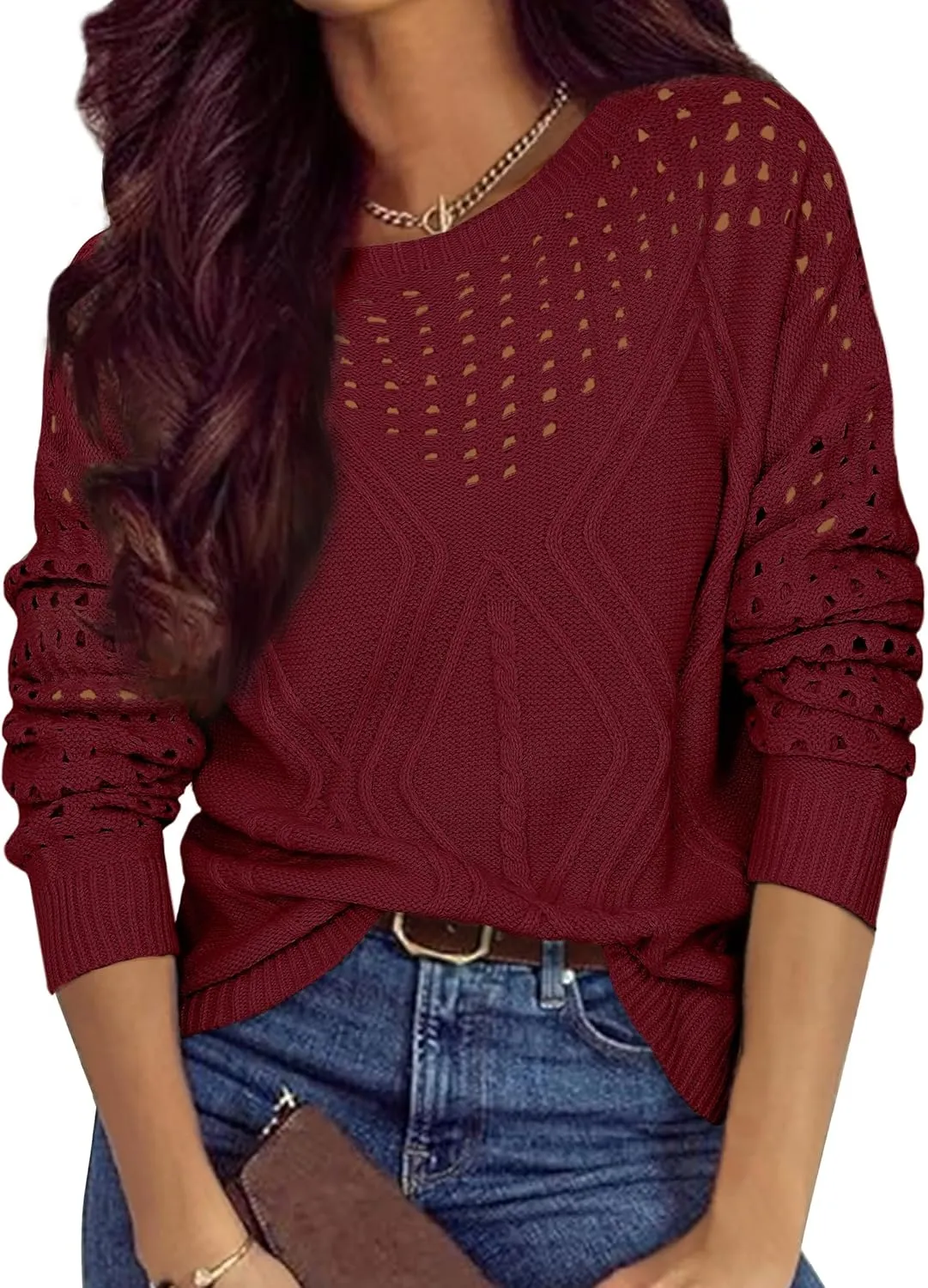 Womens 2025 Spring Sweaters Oversized Crewneck Cable Knit Pullover Crochet Hollow Out Chunky Jumper Casual Tunic Tops