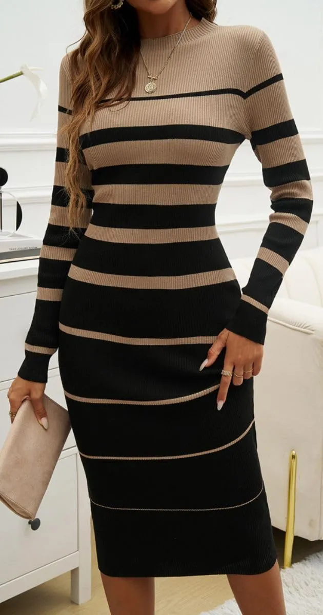 Women's Fall Long Sleeve Striped Sweater Midi Dress Round Neck Ribbed Knit Slim Fit Bodycon Dress