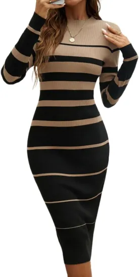 Women's Fall Long Sleeve Striped Sweater Midi Dress Round Neck Ribbed Knit Slim Fit Bodycon Dress