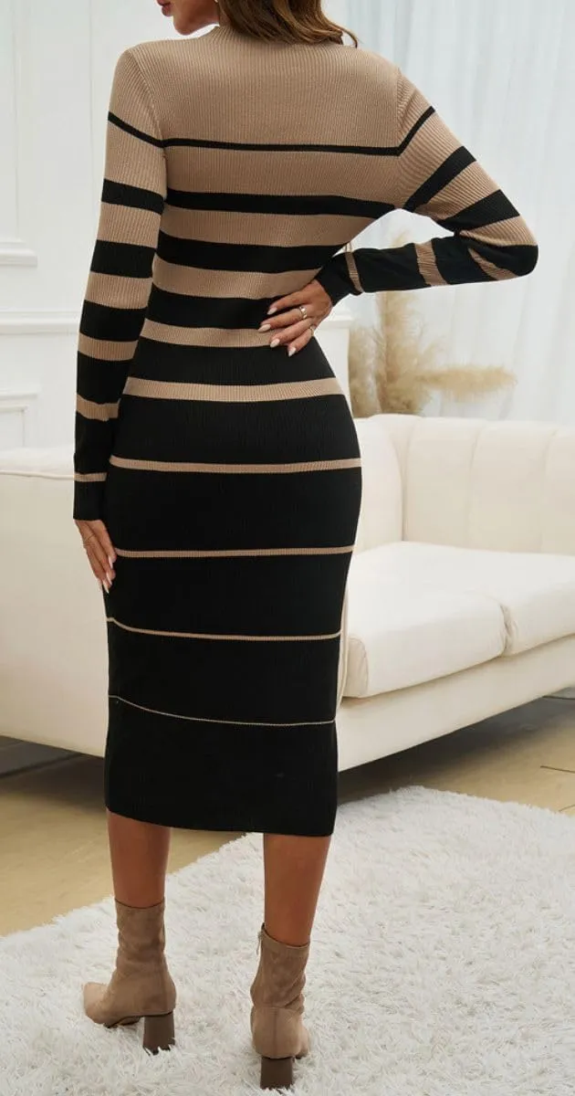 Women's Fall Long Sleeve Striped Sweater Midi Dress Round Neck Ribbed Knit Slim Fit Bodycon Dress