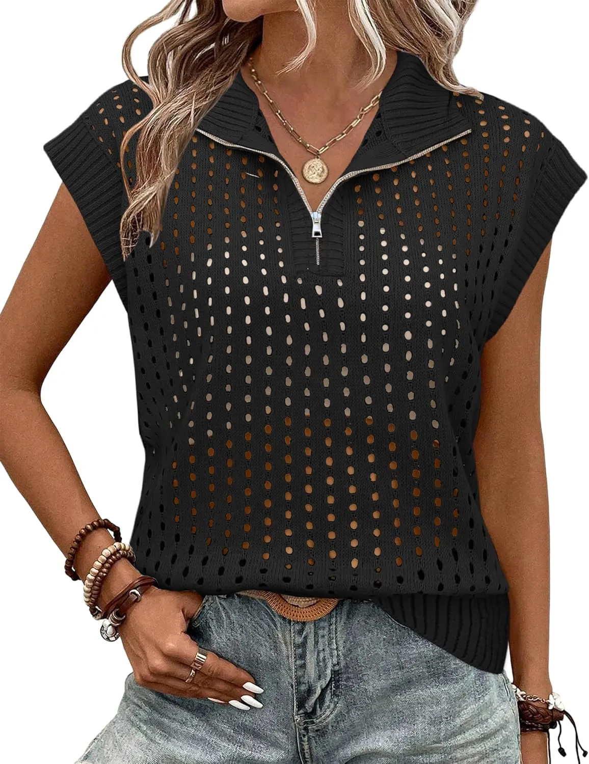 Womens Hollow Out Sweater Vest Summer Casual Quarter Zip Cap Sleeve Crochet Knit Tops