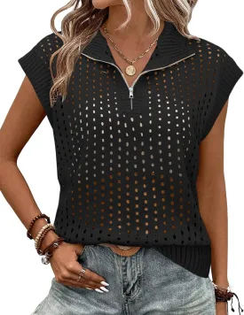 Womens Hollow Out Sweater Vest Summer Casual Quarter Zip Cap Sleeve Crochet Knit Tops