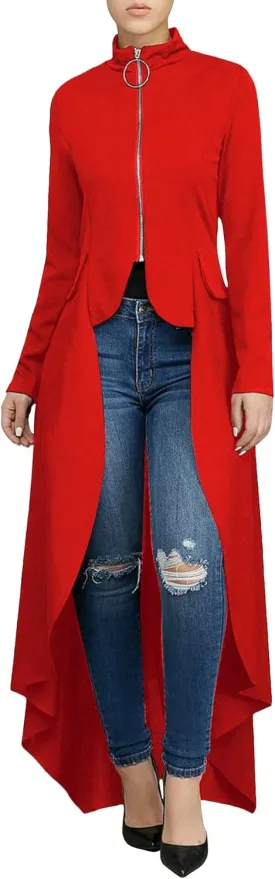 Womens Long Dovetail Gothic Trench Coat Polka Dot Zipper Up Tailcoat Jacket