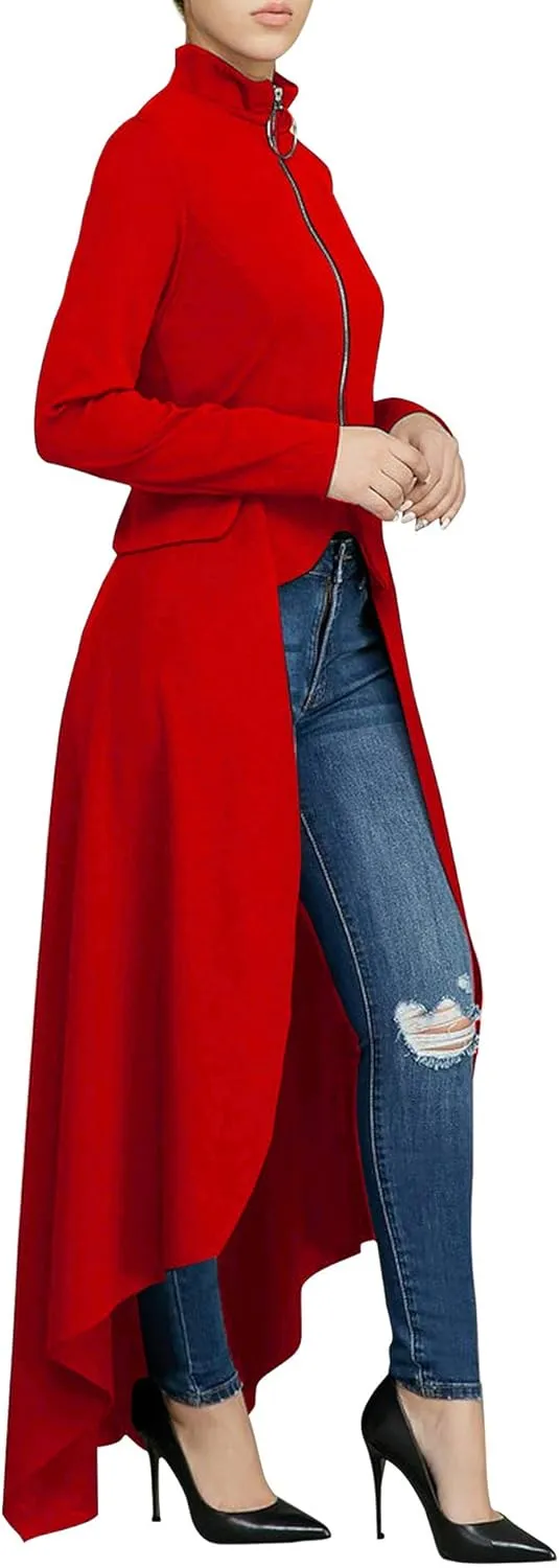 Womens Long Dovetail Gothic Trench Coat Polka Dot Zipper Up Tailcoat Jacket