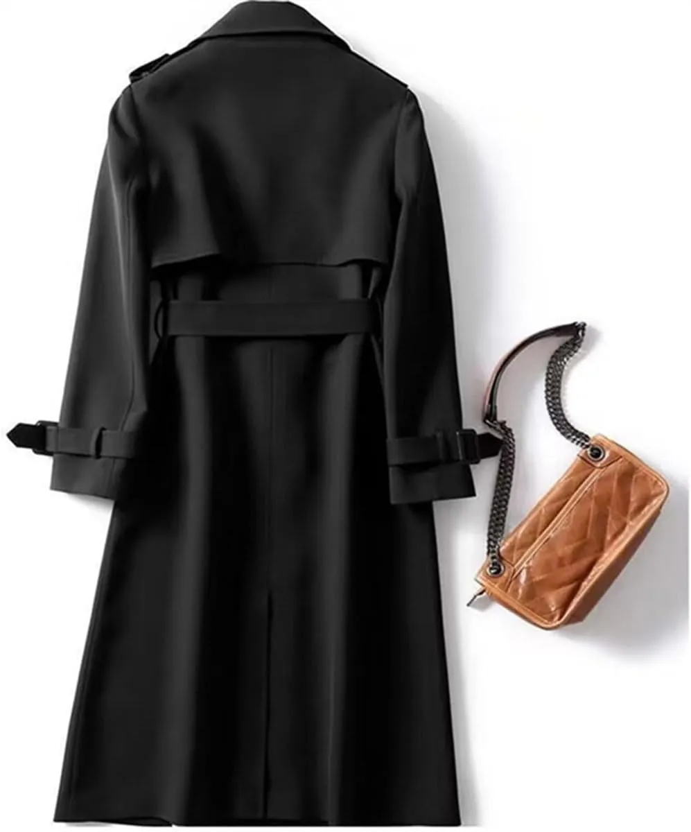 Womens Long Trench Coat Casual Slim Windbreaker Jacket Windproof Double Breasted Lapel Overcoat with Belt